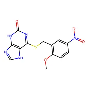 6-[(2-methoxy-5-nitro-phenyl)methylsulfanyl]-9H-purin-2-ol structure