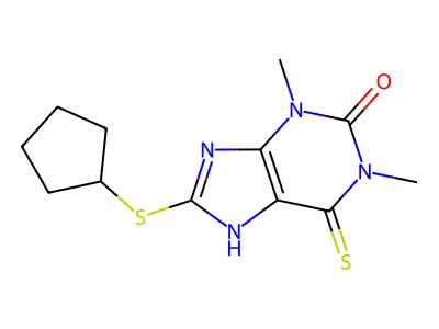 8-cyclopentylsulfanyl-1,3-dimethyl-6-sulfanylidene-7H-purin-2-one structure