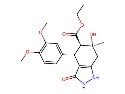 2H-Indazole-5-carboxylic acid, 4,5,6,7-tetrahydro-, 3,6-dihydroxy-4-(3,4-dimethoxyphenyl)-6-methyl-, ethyl ester, (4-alpha,5-beta,6-alpha)- structure