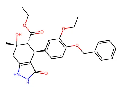 2H-Indazole-5-carboxylic acid, 4,5,6,7-tetrahydro-, 3,6-dihydroxy-4-(3-ethoxy-4-(phenylmethoxy)phenyl)-6-methyl-, ethyl ester, (4-alpha,5-beta,6-alpha)- structure
