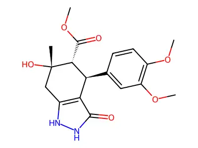 2H-Indazole-5-carboxylic acid, 4,5,6,7-tetrahydro-, 3,6-dihydroxy-4-(3,4-dimethoxyphenyl)-6-methyl-, methyl ester, (4-alpha,5-beta,6-alpha)- structure