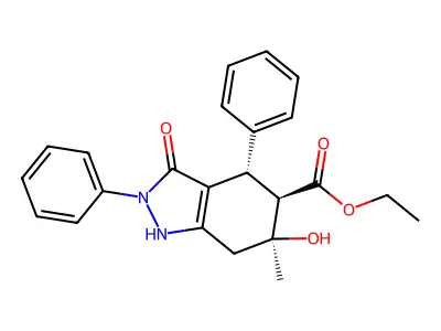2H-Indazole-5-carboxylic acid, 4,5,6,7-tetrahydro-, 3,6-dihydroxy-2,4-diphenyl-6-methyl-, ethyl ester, (4-alpha,5-beta,6-alpha)- structure