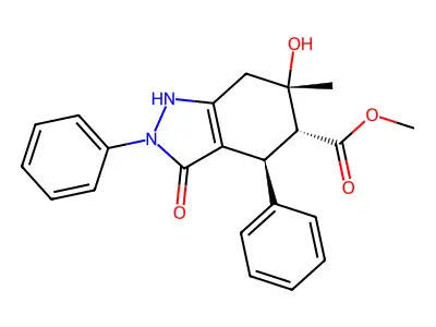 2H-Indazole-5-carboxylic acid, 4,5,6,7-tetrahydro-, 3,6-dihydroxy-2,4-diphenyl-6-methyl-, methyl ester, (4-alpha,5-beta,6-alpha)- structure