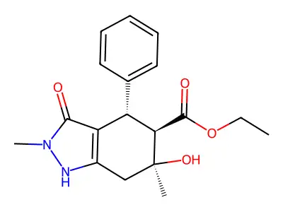 2H-Indazole-5-carboxylic acid, 4,5,6,7-tetrahydro-, 3,6-dihydroxy-2,6-dimethyl-4-phenyl-, ethyl ester, (4-alpha,5-beta,6-alpha)- structure
