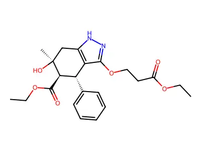 2H-Indazole-5-carboxylic acid, 4,5,6,7-tetrahydro-, 3-(3-ethoxy-3-oxopropoxy)-6-hydroxy-6-methyl-4-phenyl-, ethyl ester, (4-alpha,5-beta,6-alpha)- structure
