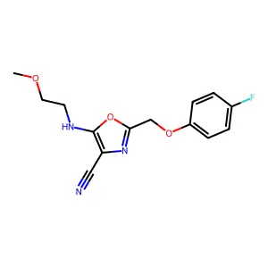 2-[(4-Fluorophenoxy)methyl]-5-(2-methoxyethylamino)-1,3-oxazole-4-carbonitrile structure
