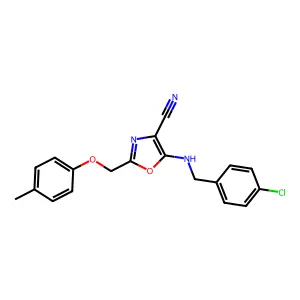 5-[(4-chlorophenyl)methylamino]-2-[(4-methylphenoxy)methyl]-1,3-oxazole-4-carbonitrile structure