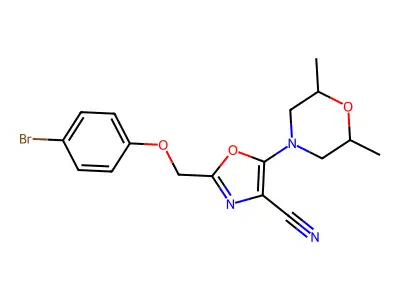 2-[(4-bromophenoxy)methyl]-5-(2,6-dimethylmorpholin-4-yl)-1,3-oxazole-4-carbonitrile structure