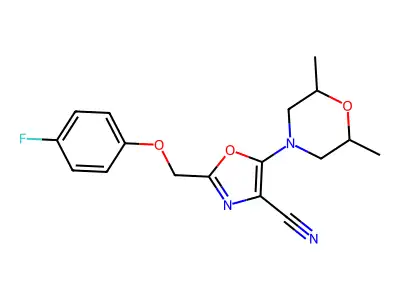 5-(2,6-dimethylmorpholin-4-yl)-2-[(4-fluorophenoxy)methyl]-1,3-oxazole-4-carbonitrile structure