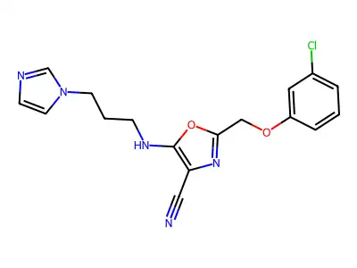 2-[(3-chlorophenoxy)methyl]-5-(3-imidazol-1-ylpropylamino)-1,3-oxazole-4-carbonitrile structure