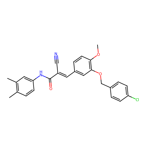 (E)-3-[3-[(4-chlorophenyl)methoxy]-4-methoxyphenyl]-2-cyano-N-(3,4-dimethylphenyl)prop-2-enamide structure