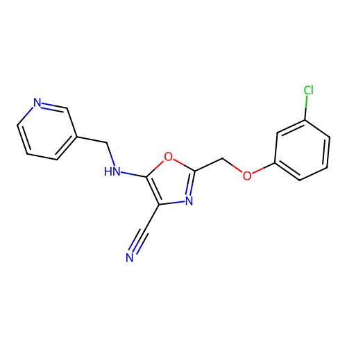 2-[(3-chlorophenoxy)methyl]-5-[(pyridin-3-ylmethyl)amino]-1,3-oxazole-4-carbonitrile structure