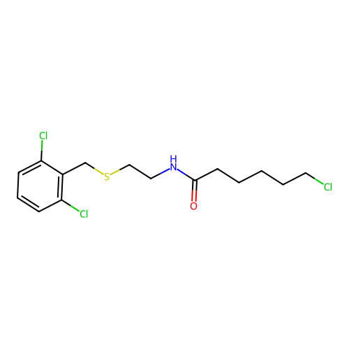 6-chloro-N-[2-[(2,6-dichlorophenyl)methylsulfanyl]ethyl]hexanamide structure