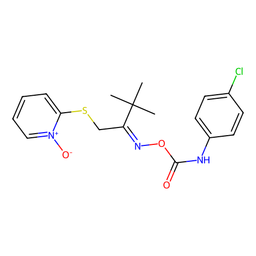 2-{[2-({[(4-chloroanilino)carbonyl]oxy}imino)-3,3-dimethylbutyl]thio}pyridinium-1-olate structure