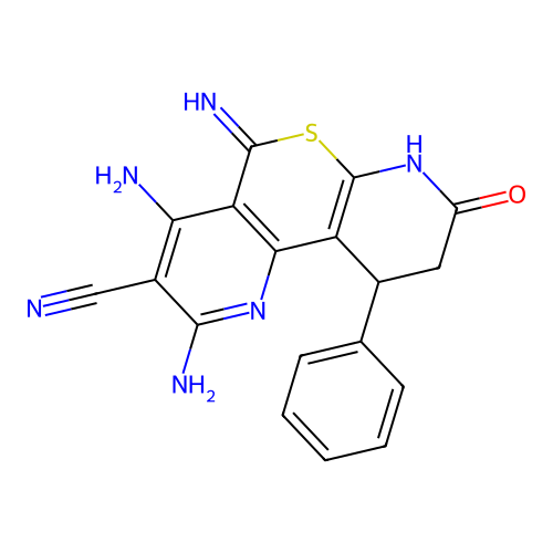 2,4-diamino-5-imino-8-oxo-10-phenyl-7,8,9,10-tetrahydro-5H-thiopyrano[2,3-b:4,5-b']dipyridine-3-carbonitrile structure