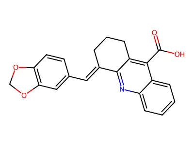 4-(2H-1,3-benzodioxol-5-ylmethylidene)-1,2,3,4-tetrahydroacridine-9-carboxylic acid structure