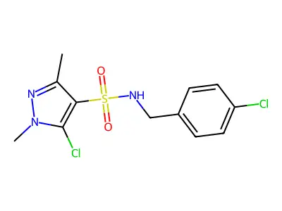 5-chloro-N-[(4-chlorophenyl)methyl]-1,3-dimethylpyrazole-4-sulfonamide structure