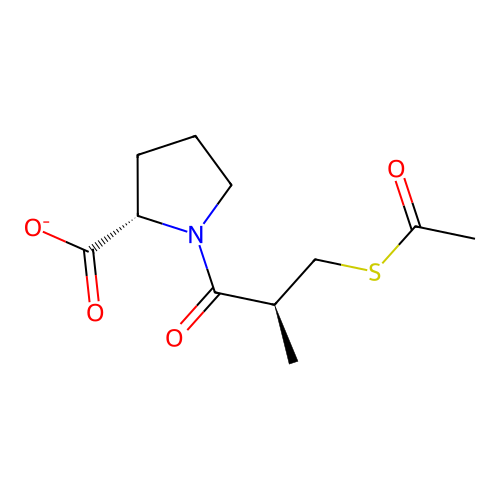 (2S)-1-[(2S)-3-(acetylsulfanyl)-2-methylpropanoyl]pyrrolidine-2-carboxylate structure