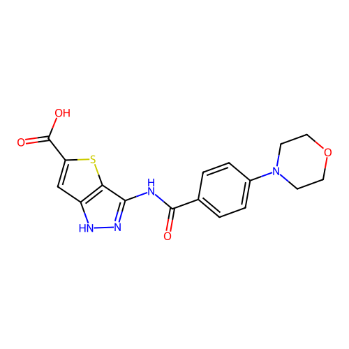 3-[(4-morpholin-4-ylbenzoyl)amino]-1H-thieno[3,2-c]pyrazole-5-carboxylic acid structure