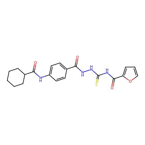 N-[(2-{4-[(cyclohexylcarbonyl)amino]benzoyl}hydrazino)carbonothioyl]-2-furamide structure