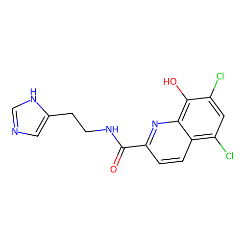 5,7-dichloro-8-hydroxy-N-[2-(3H-imidazol-4-yl)ethyl]quinoline-2-carboxamide structure