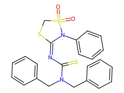 1,1-Dibenzyl-3-(1,1-dioxo-2-phenyl-1,4,2-dithiazolidin-3-ylidene)thiourea structure