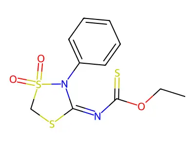 O-ethyl N-(1,1-dioxo-2-phenyl-1,4,2-dithiazolidin-3-ylidene)carbamothioate structure