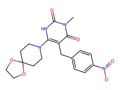 6-(1,4-dioxa-8-azaspiro[4.5]decan-8-yl)-3-methyl-5-[(4-nitrophenyl)methyl]-1H-pyrimidine-2,4-dione structure
