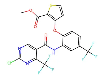 methyl 3-[2-({[2-chloro-4-(trifluoromethyl)pyrimidin-5-yl]carbonyl}amino)-4-(trifluoromethyl)phenoxy]thiophene-2-carboxylate structure