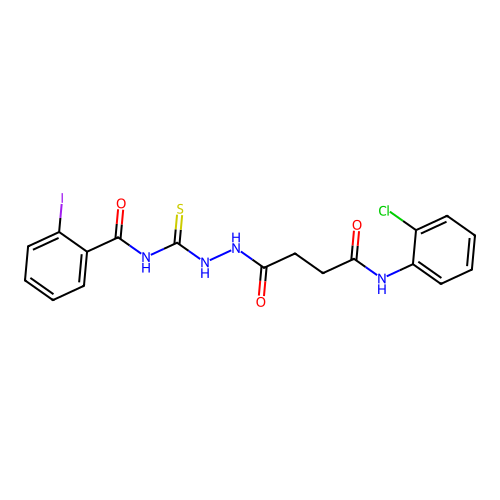 N-[(2-{4-[(2-chlorophenyl)amino]-4-oxobutanoyl}hydrazino)carbonothioyl]-2-iodobenzamide structure