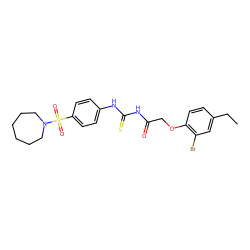 N-({[4-(1-azepanylsulfonyl)phenyl]amino}carbonothioyl)-2-(2-bromo-4-ethylphenoxy)acetamide structure