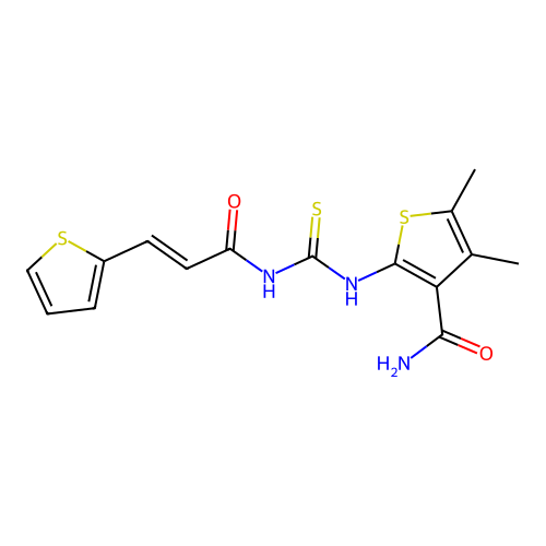 4,5-dimethyl-2-[({[3-(2-thienyl)acryloyl]amino}carbonothioyl)amino]-3-thiophenecarboxamide structure