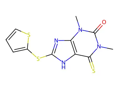 1,3-dimethyl-6-sulfanylidene-8-thiophen-2-ylsulfanyl-7H-purin-2-one structure