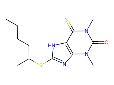 8-hexan-2-ylsulfanyl-1,3-dimethyl-6-sulfanylidene-7H-purin-2-one structure