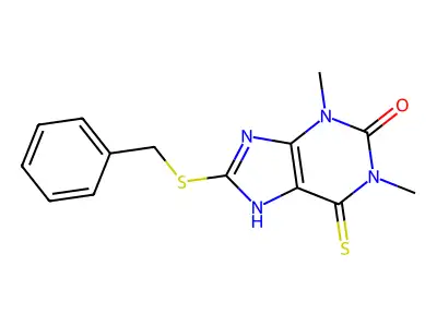 8-benzylsulfanyl-1,3-dimethyl-6-sulfanylidene-7H-purin-2-one structure