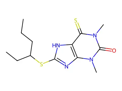 8-hexan-3-ylsulfanyl-1,3-dimethyl-6-sulfanylidene-7H-purin-2-one structure