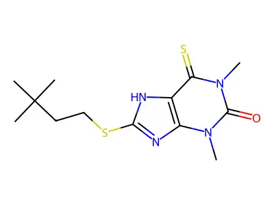 8-(3,3-dimethylbutylsulfanyl)-1,3-dimethyl-6-sulfanylidene-7H-purin-2-one structure