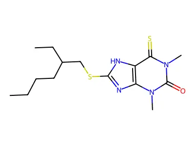 8-(2-ethylhexylsulfanyl)-1,3-dimethyl-6-sulfanylidene-7H-purin-2-one structure
