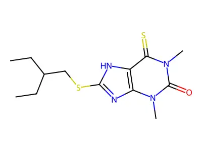 8-(2-ethylbutylsulfanyl)-1,3-dimethyl-6-sulfanylidene-7H-purin-2-one structure