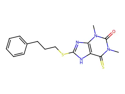 1,3-dimethyl-8-((3-phenylpropyl)thio)-6-thioxo-1,3,6,9-tetrahydro-2H-purin-2-one structure