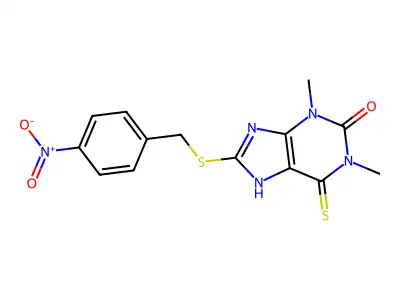 1,3-dimethyl-8-[(4-nitrophenyl)methylsulfanyl]-6-sulfanylidene-7H-purin-2-one structure