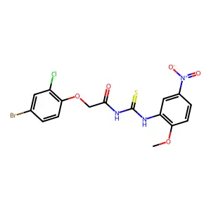 2-(4-bromo-2-chlorophenoxy)-N-[(2-methoxy-5-nitrophenyl)carbamothioyl]acetamide structure