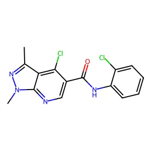 4-chloro-N-(2-chlorophenyl)-1,3-dimethylpyrazolo[3,4-b]pyridine-5-carboxamide structure