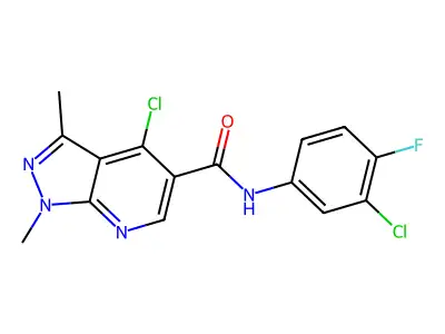 N5-(3-chloro-4-fluorophenyl)-4-chloro-1,3-dimethyl-1H-pyrazolo[3,4-b]pyridine-5-carboxamide structure