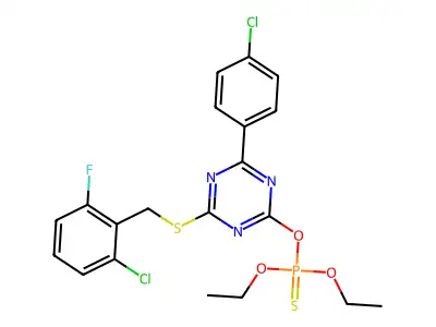 O-[4-[(2-chloro-6-fluorobenzyl)thio]-6-(4-chlorophenyl)-1,3,5-triazin-2-yl]O,O-diethyl phosphothioate structure