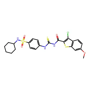 3-chloro-N-[[4-(cyclohexylsulfamoyl)phenyl]carbamothioyl]-6-methoxy-1-benzothiophene-2-carboxamide structure