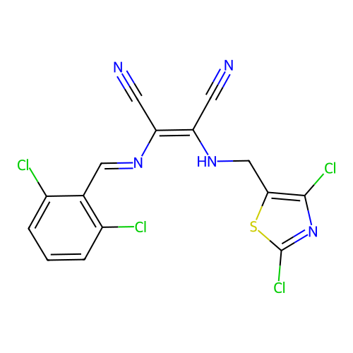 2-[(2,6-dichlorobenzylidene)amino]-3-{[(2,4-dichloro-1,3-thiazol-5-yl)methyl]amino}but-2-enedinitrile structure