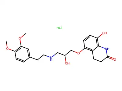 8-Hydroxy-5-(2-hydroxy-3-(beta-3,4-dimethoxyphenethylamino))propoxy-3,4-dihydrocarbostyril HCl structure