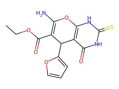 ethyl 7-amino-5-(furan-2-yl)-4-oxo-2-sulfanylidene-1,5-dihydropyrano[2,3-d]pyrimidine-6-carboxylate structure