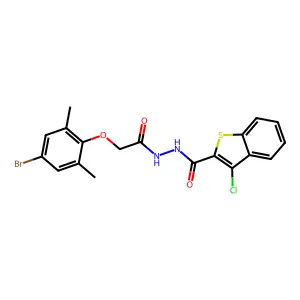 N'-[(4-bromo-2,6-dimethylphenoxy)acetyl]-3-chloro-1-benzothiophene-2-carbohydrazide structure
